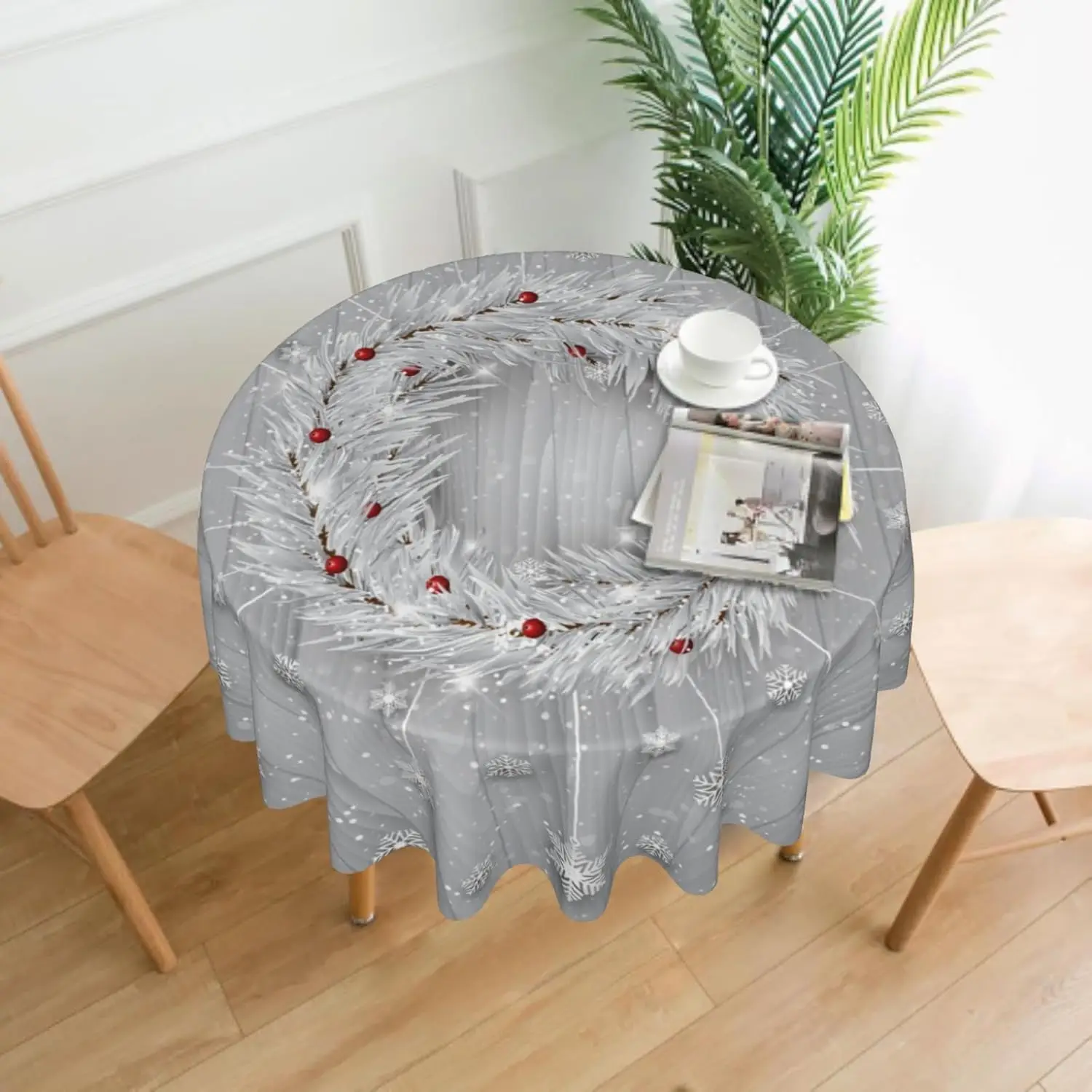 Silver Snowflakes Round Tablecloth 60Inch Christmas Winter Snow Table Cover with Xmas Tree Leaves Berry Table Cloth