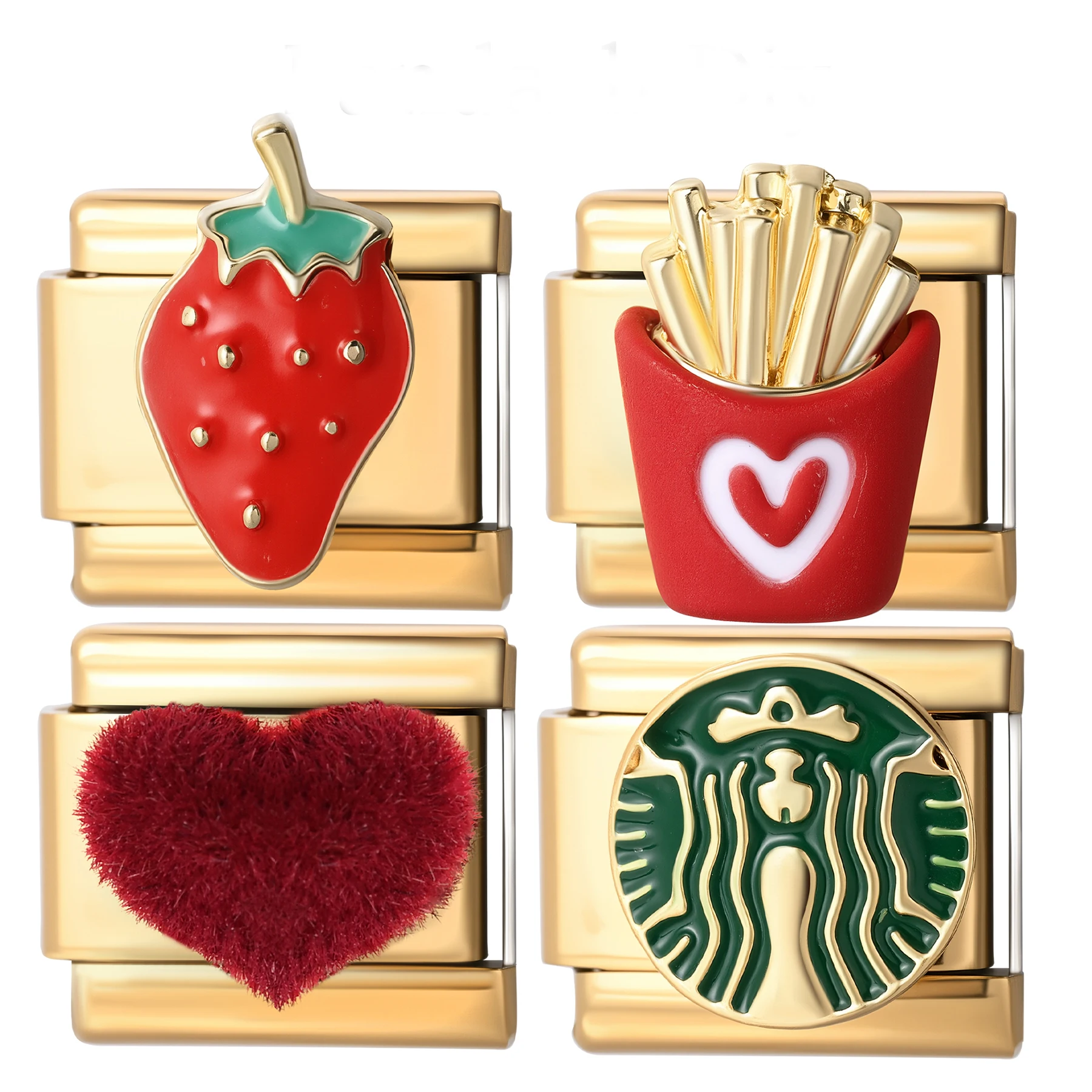 1pc red strawberry heart green stripe golden Italian style stainless steel charm module DIY jewelry making bracelets necklaces