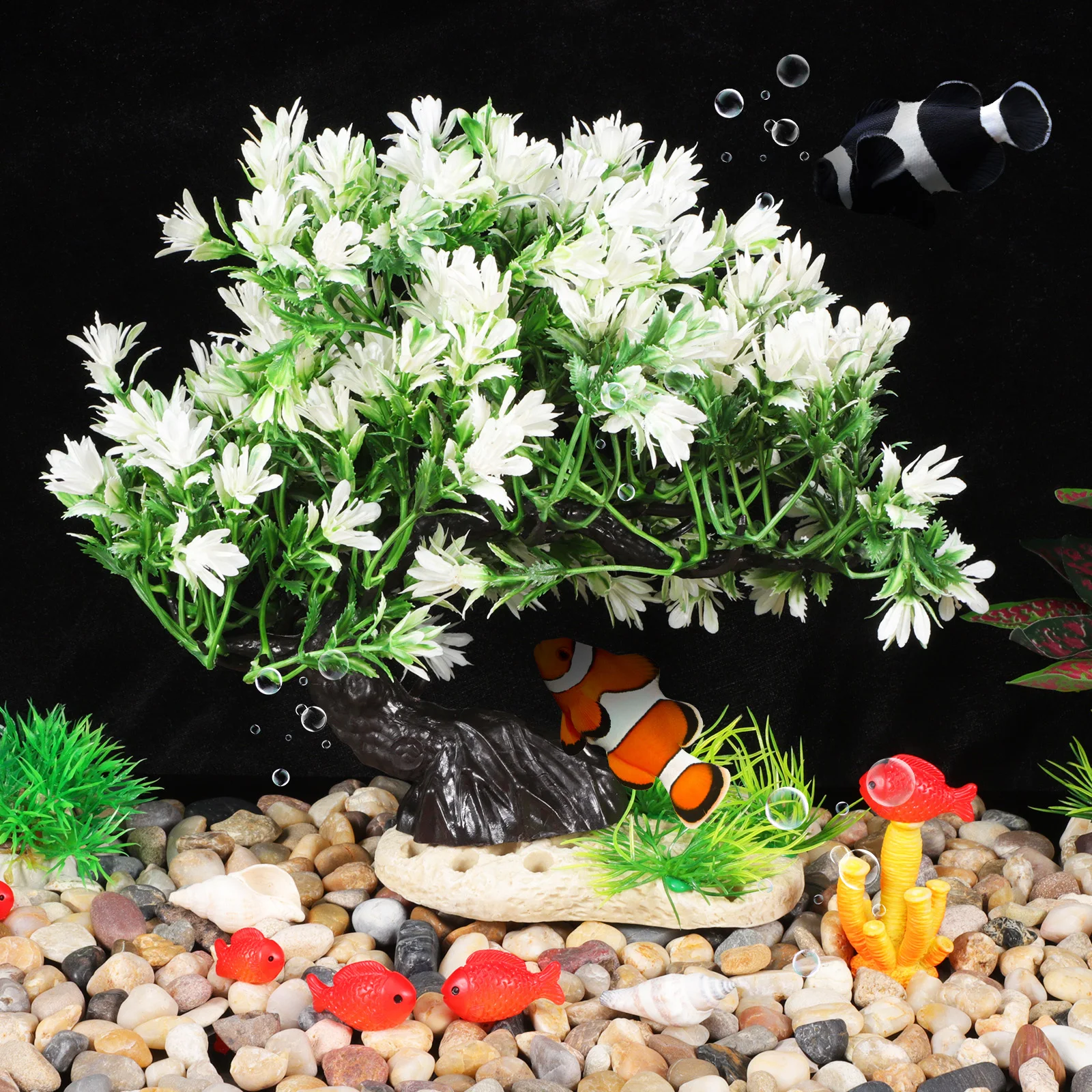 

Artificial Tree Decoration Fish Tank White Green Leaves Plastic Plants Aquarium Accessories Lifelike Safe Durable Easy Clean