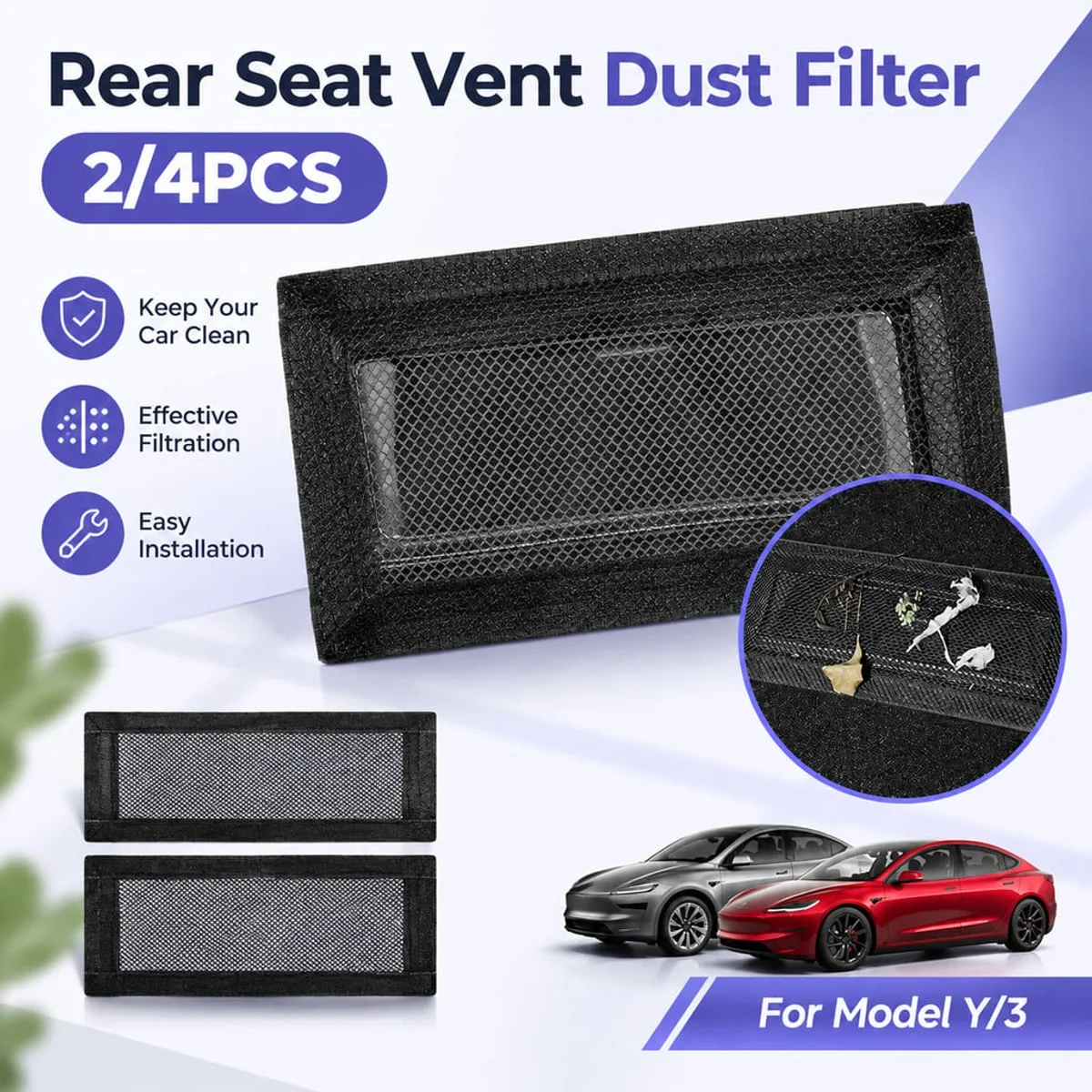 2/4PCS Rear Seat Vent Dust Filter Fit For Tesla Model Y Model 3 High Density Mesh Hook And Loop Air Outlet Protector Cover