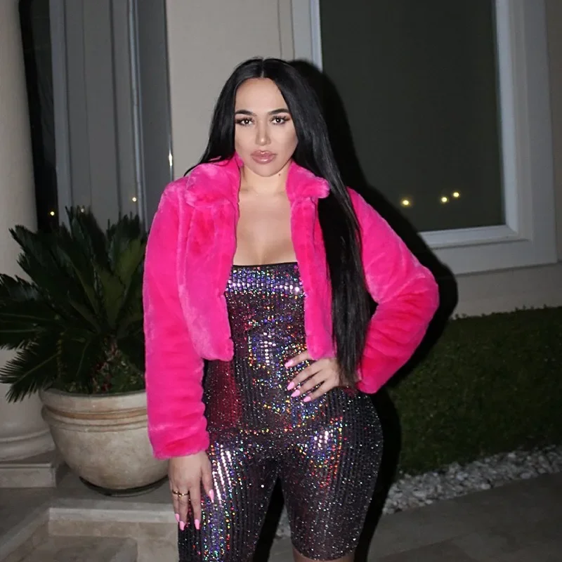 

Женские пальто из искусственного меха, сексуальные плюшевые короткие стили, куртки ярких цветов с лацканами и длинными рукавами, свободная толстая теплая верхняя одежда, осень-зима