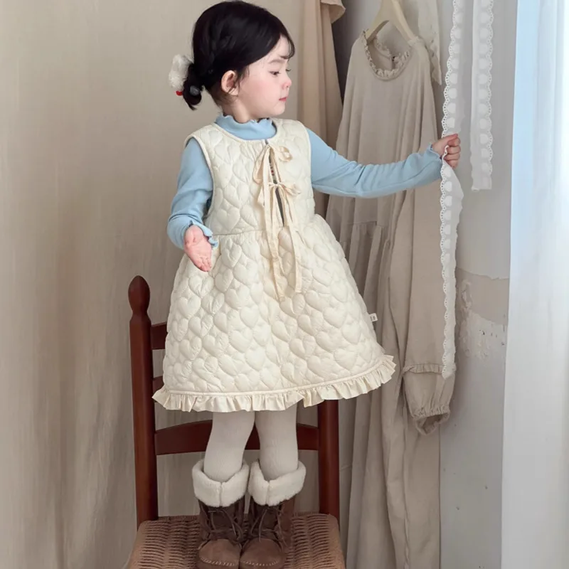 2025 Autumn Winter Thick Children's Clothes Girls' Heart-shaped Quilted Vest Dress Sleeveless 3-10 Years Top Bottom Outfit
