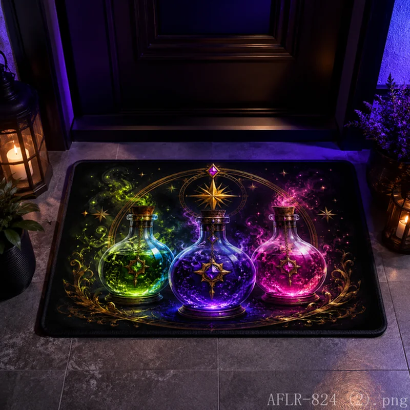 VIKAMA Black Magic Potion Bottle Starry Halloween Door Mat Durable Non Slip Entryway Comfortable Underfoot Mat Home Decor