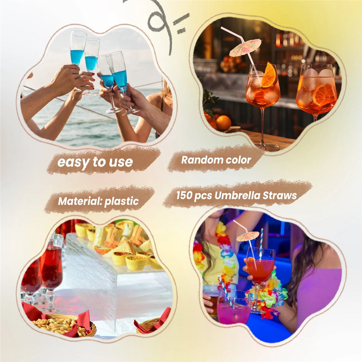 หลอดร่มหลอดดื่มหลากสีแบบใช้แล้วทิ้งสำหรับปาร์ตี้ชายหาดตกแต่งบาร์ค็อกเทล