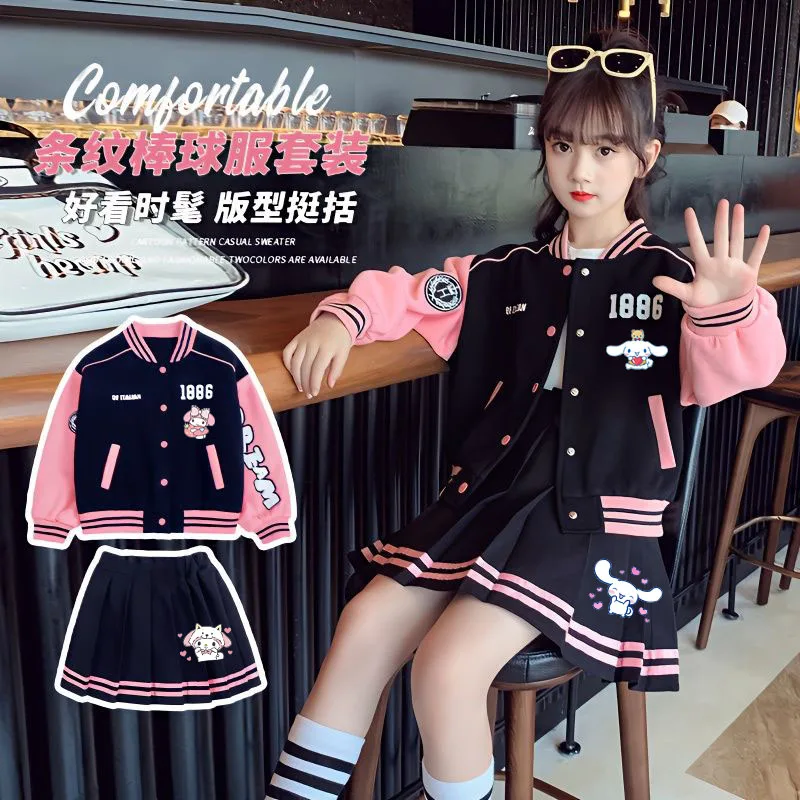 Anime Sanrios Kuromi Girl Baseball Jacket Uniform Pleated Skirt 2Pcs Kittys Cinnamoroll Coats Skirts Suit Teenage Outfit Clothes