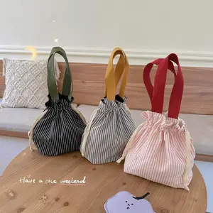 Top Handle Drawstring Organizer Bag Stripes Portable Handheld Coin Purse Convenient Reusable Travel Bundle Pocket Picnic