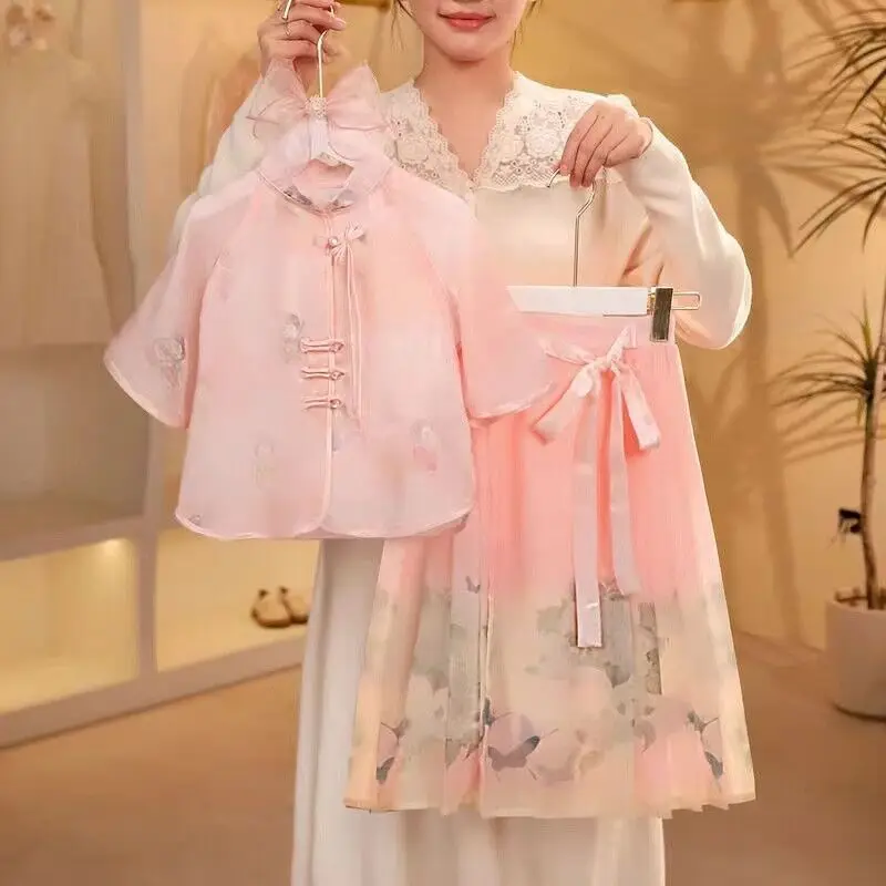 Conjunto hanfu de verão para meninas 2025 novo estilo tang chinês verão infantil estilo antigo top e saia conjunto de duas peças