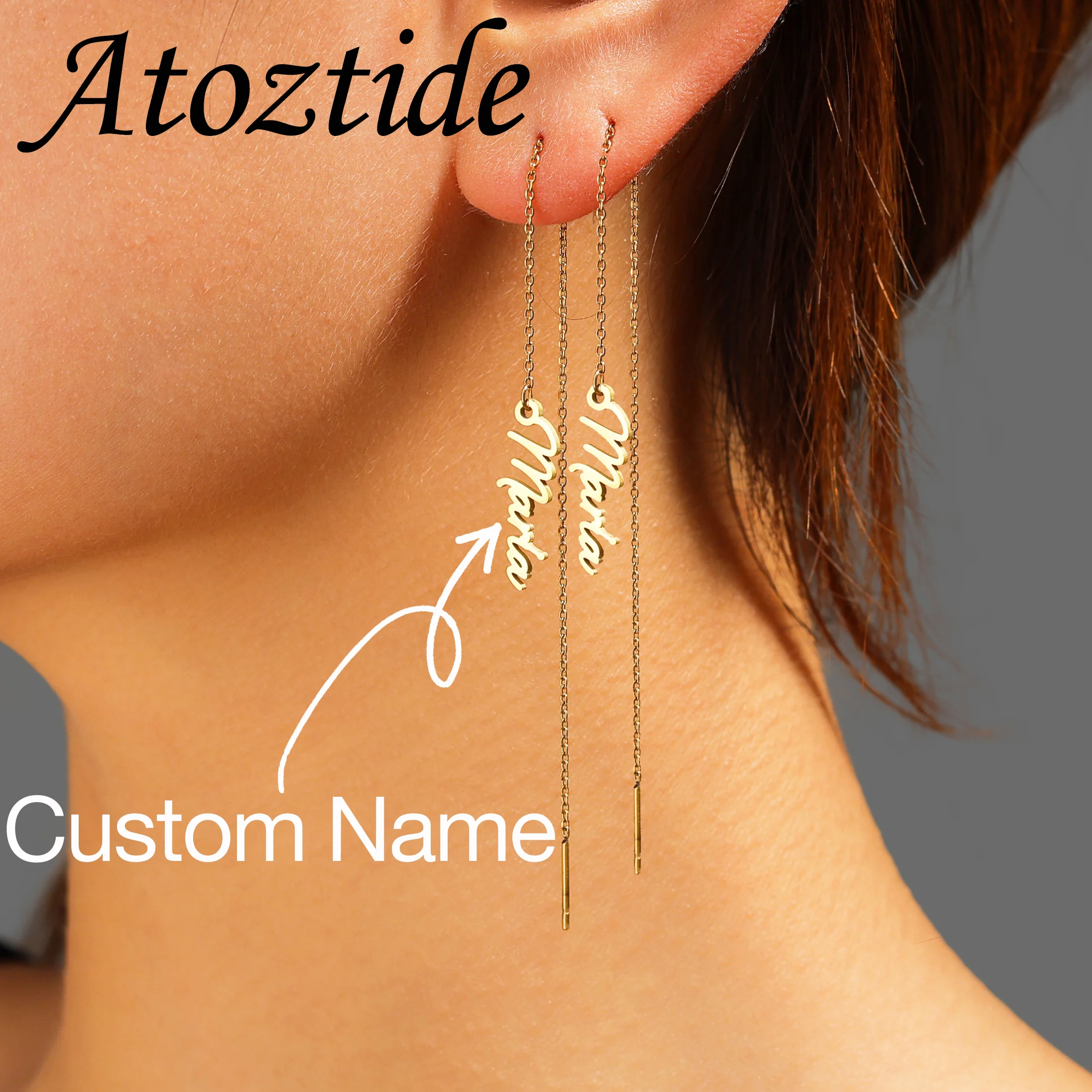 

Atoztide Custom Name Thread Earrings for Women Stainless Steel Jewelry With Chain Dangle Drop Earring Personalized Birthday Gift