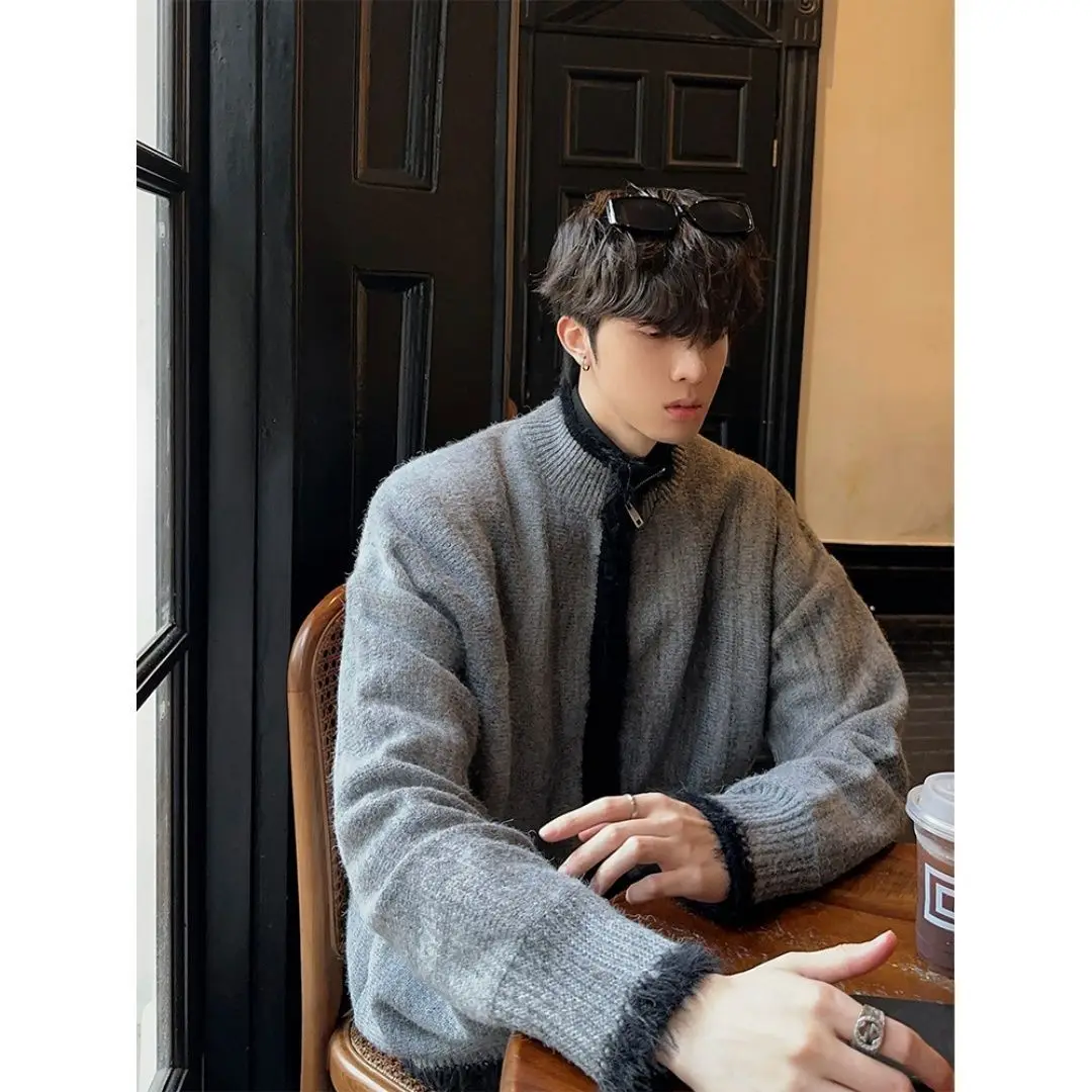 

Retro American Zipper Korean Sle Warm Knitted Base Layer Autumn Winter Color Blo Collar Open Cardigan Sweater Jaet