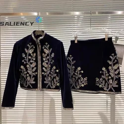 Retro French Two Piece Suit 2023 Autumn Sequins Leaves Embroidery Velvet Short Jacket + Mini Skirt Set vestido