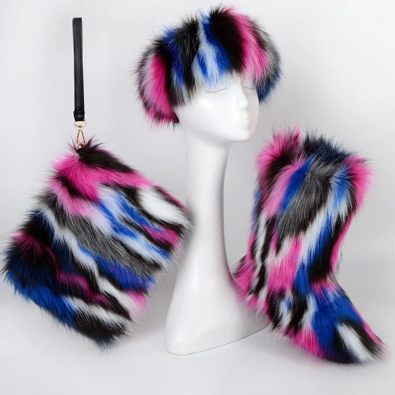 High Quality Fur Snow Boots One Fur Plus Velvet Thick Plus Size Snow Boots Headband Clutch Bag Imitation Fox Fur Boots Set