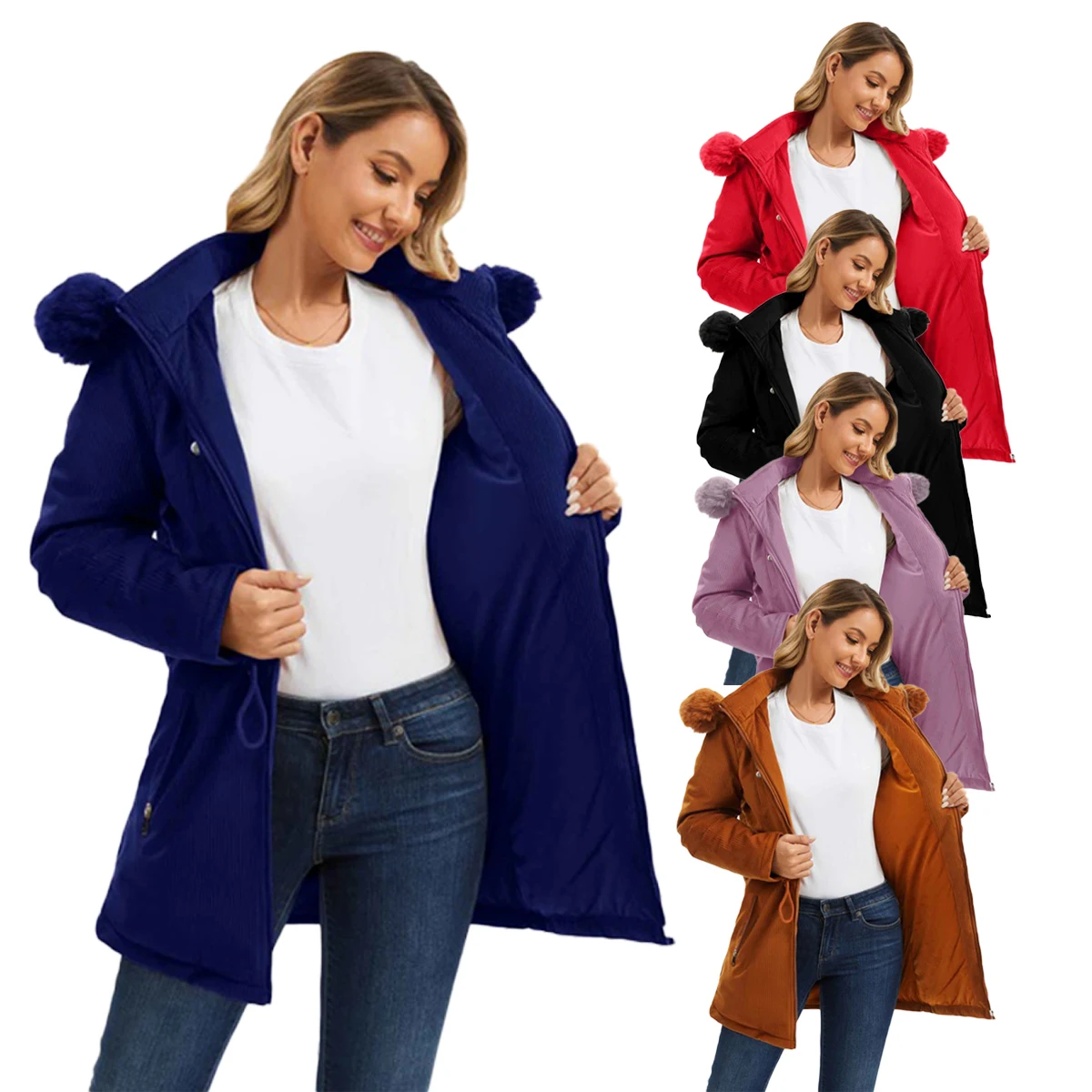 

Fall Winter Plus Size Women Long Padded Jacket Drawstring Waist Fur Hooded Thick Warm Parka Casual Slim Fit Coat