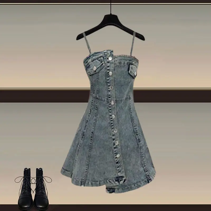 Vestido de mezclilla Vintage para mujer, conjunto a juego, camisa de gasa elegante coreana, protector solar, falda con correa de vaquero, traje de dos piezas, nuevo de verano