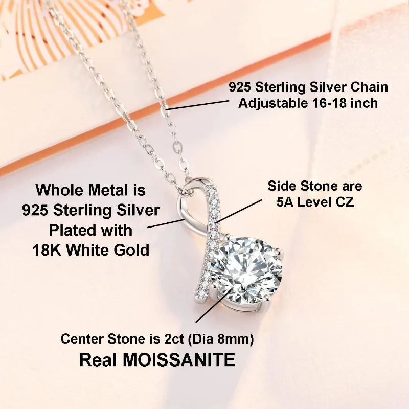 SecreTalk 1-3CT Moissanite Pendant Necklace for Women, 18K White Gold Plated Silver Simulate Diamond Wedding Necklace