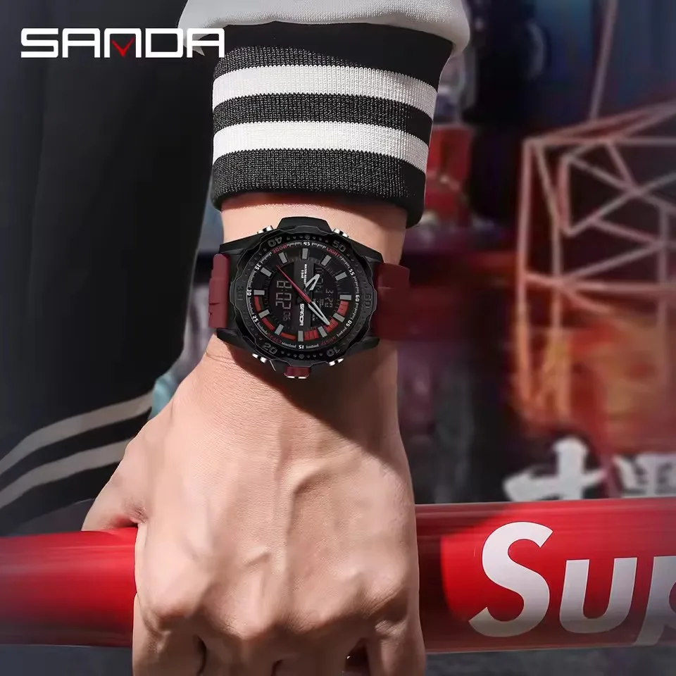 SANDA 3373 Reloj deportivo electrónico de cuarzo para hombre con pantalla Dual luminoso a prueba de golpes resistente al agua calendario relojes digitales para hombre