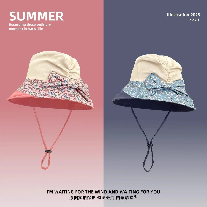 

High Quality Niche New Bow Floral Splicing Pleated Bucket Hat Women's Summer Outing Shading Versatile Strap Foldable Sun Cap