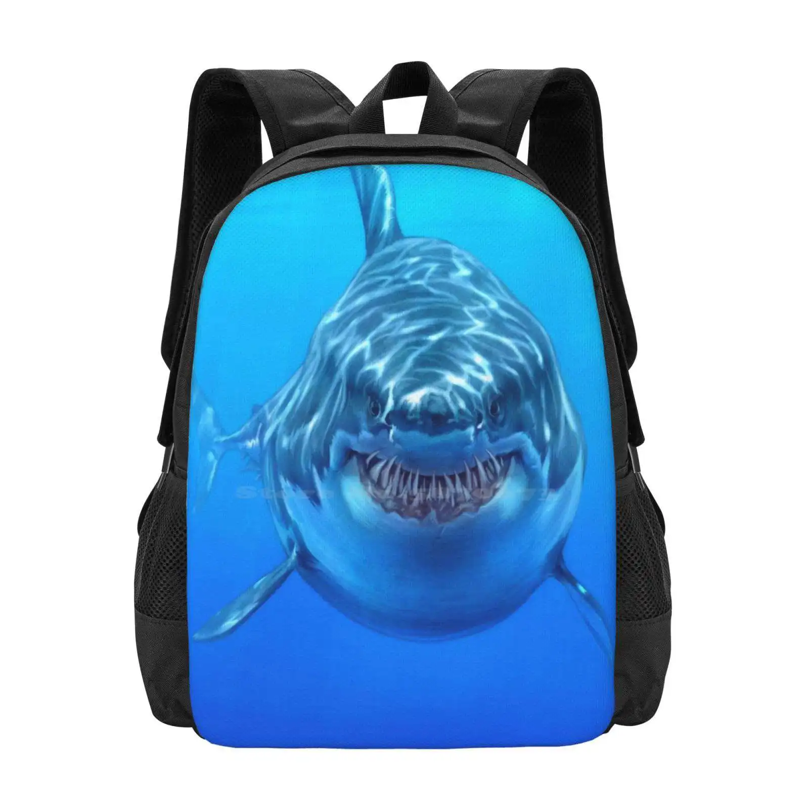 Great White 3D Print Design Backpack Student Bag Shark Great White Photoshop Blue Ocean Caricature Teeth Scary Fish