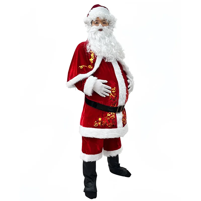 Santa Claus Costume Adult Men Christmas Outfit Beard Hat Set Stage Carnival Suit Xmas Party Wear Festive Holiday Disfraz Navidad