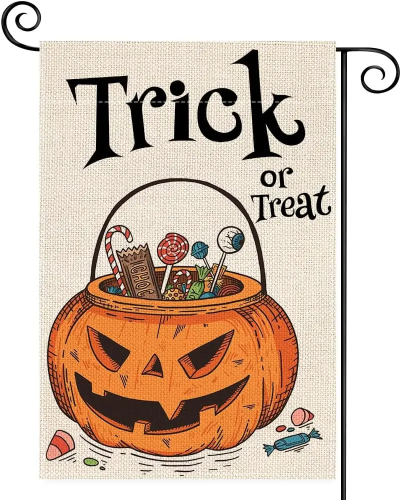 Halloween Trick or Treat Small Garden Flag 12x18 Inch Double Sided, Best Choice Candies Funny Welcome Peeps Autumn Thanksgiving