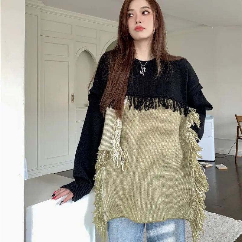 

Hsa 2023 New Women Cute Contrast Color Tassel Pullover Sweater Autumn O-neck Female Casual Chic Youth Loose Lazy Knit Tops