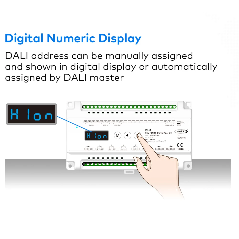 CENFAYA DALI DMX 8-Channel Relay Unit LED Segment Display 100-240VAC 8CH*16A DH8 DT7 DALI-2 certified DMX512 Standard Protocols