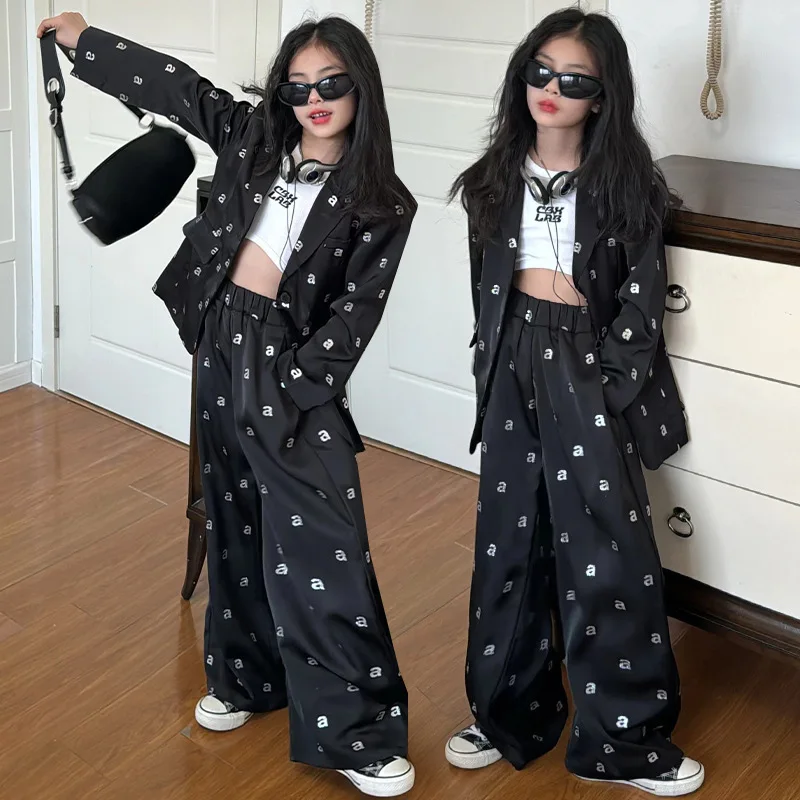

Teenager Girl Autumn 2pcs Suits Junior Girl Letter Printed Outfit Kids Girl Turn Down Collar Coat School Girl Straight Leg Pant
