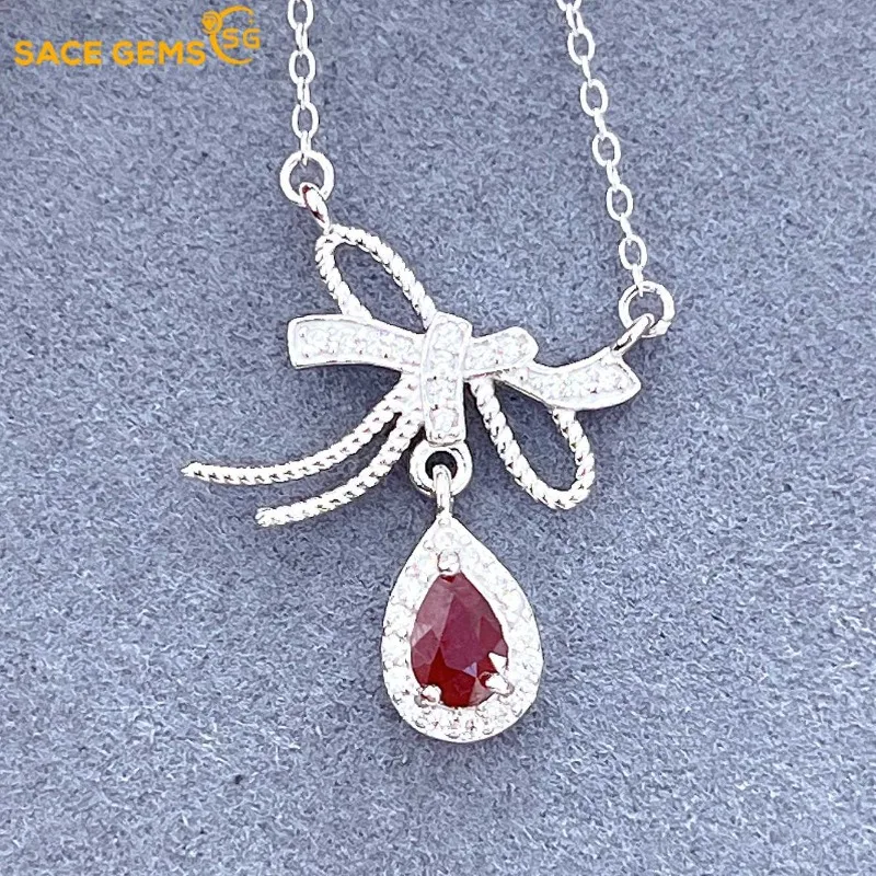 

SACE GEMS S925 Sterling Silver Certified 4*6MM Natual Ruby Pendant Necklaces for Womne Engagement Cocktail Party Fine Jewelry