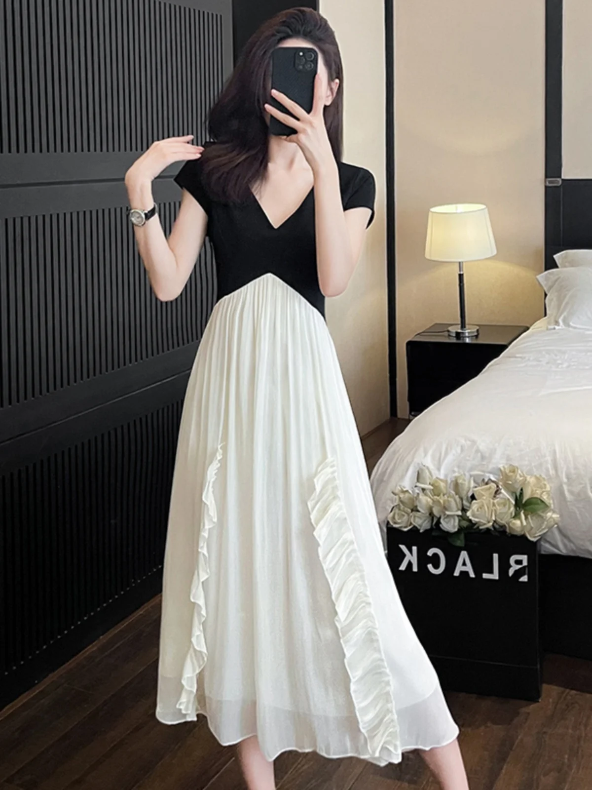 

Chic V-Neck Splice Slimming Short Sleeve Dress Sexy Elegant Summer New Arrival Women's Fashion Dress High-Cold Lady Style