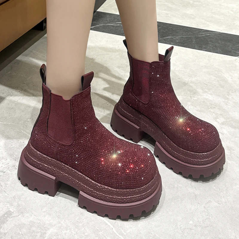 

Женские ботильоны с кристаллами, модные модельные туфли на плоской подошве и платформе, дизайнерские женские зимние ботинки Botas 2025, роскошные ботинки челси De Mujer