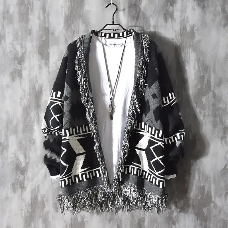 

Retro Chinese Style Cardigan Sweater for Men Couple Loose Knitted Sweater Jacket Raw Edge Trendy Sweaters