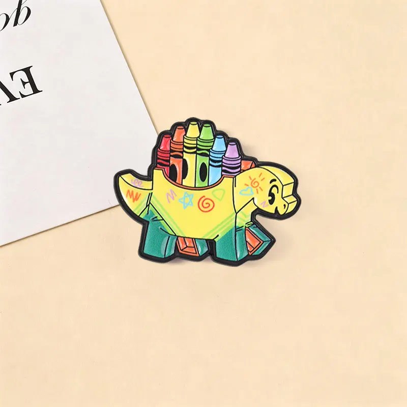 Cartoon Colorful Crayon Dinosaur Enamel Badge Childlike Doodle Stegosaurus Art Pin Lapel Hat Bags Brooch Jewelry Gift for Friend