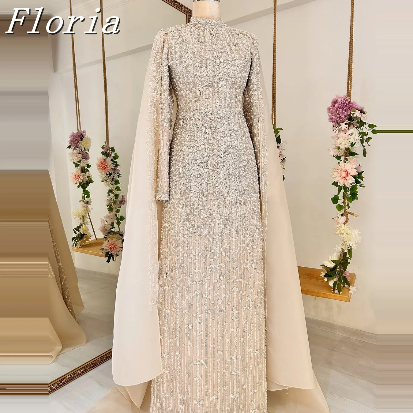 Мусульманское длинное вечернее платье цвета шампанского с короткими рукавами, элегантное бальное платье трапециевидной формы с высоким воротом и бисером, вечернее платье