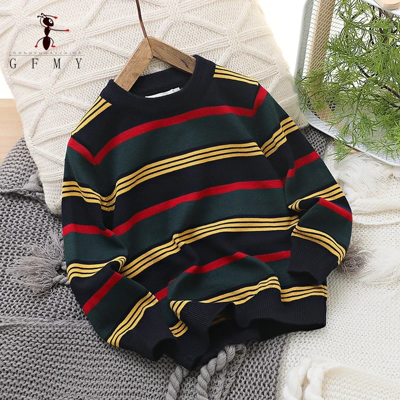 New Children's Knitwear Autumn Thin Pullover Round Neck Striped  Medium to Large Children's Wear Underlay Sweater