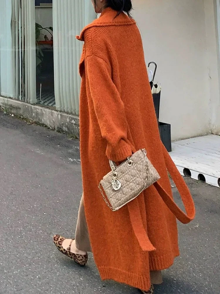 SuperAen Europa und Amerika Stil Orange Lange Pullover Mantel Damen Herbst und Winter Verdickte Lose Strickjacke Mäntel