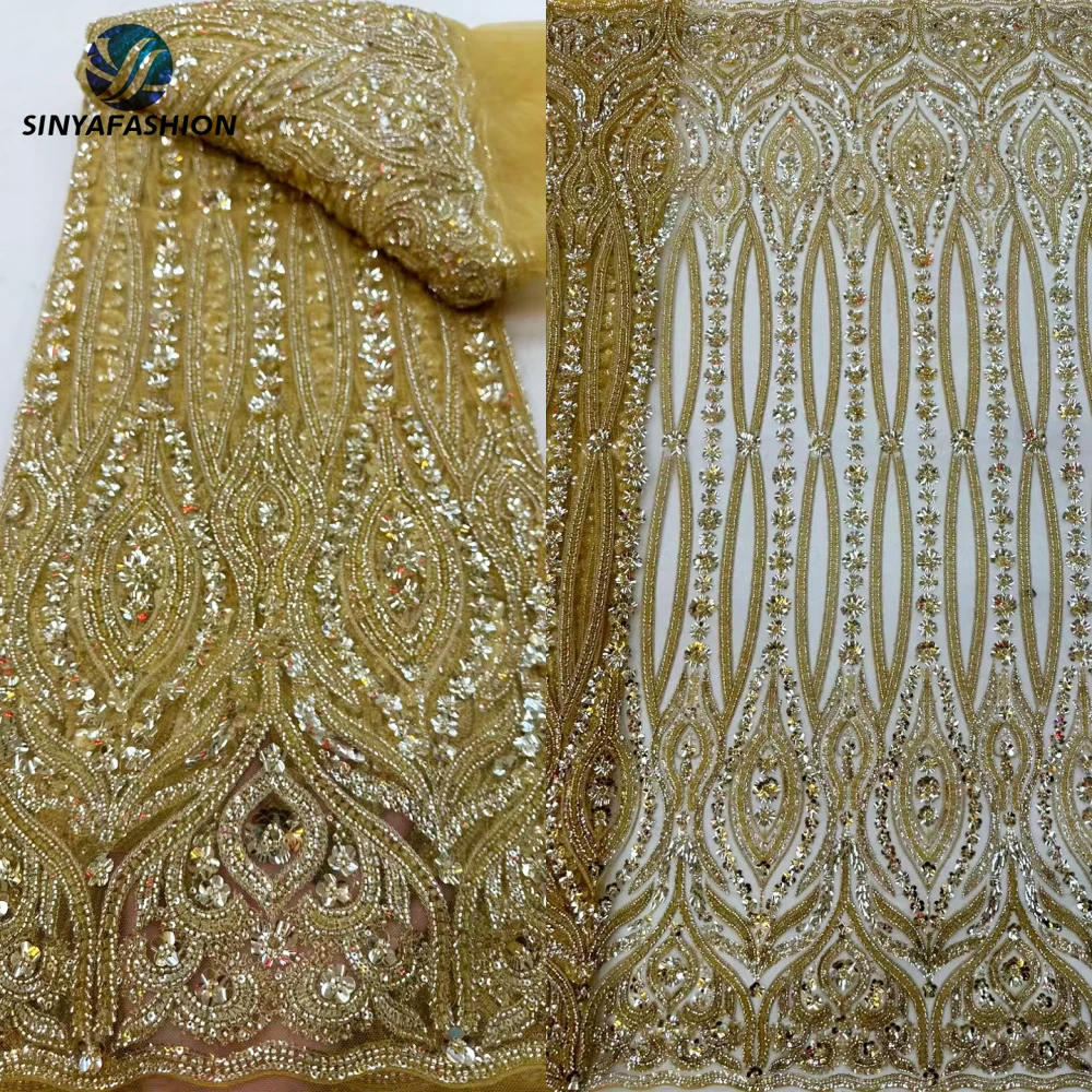 Sinya Luxury African Sequins beaded Lace Fabric 2024 High Quality Groom Nigerian Wedding Bridal Embroidery Gold French Tulle Sew