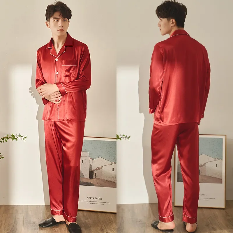 Wholesale men pajamas set luxury blue night sleepsuit set men's sleepwear silk satin pajamas for mens