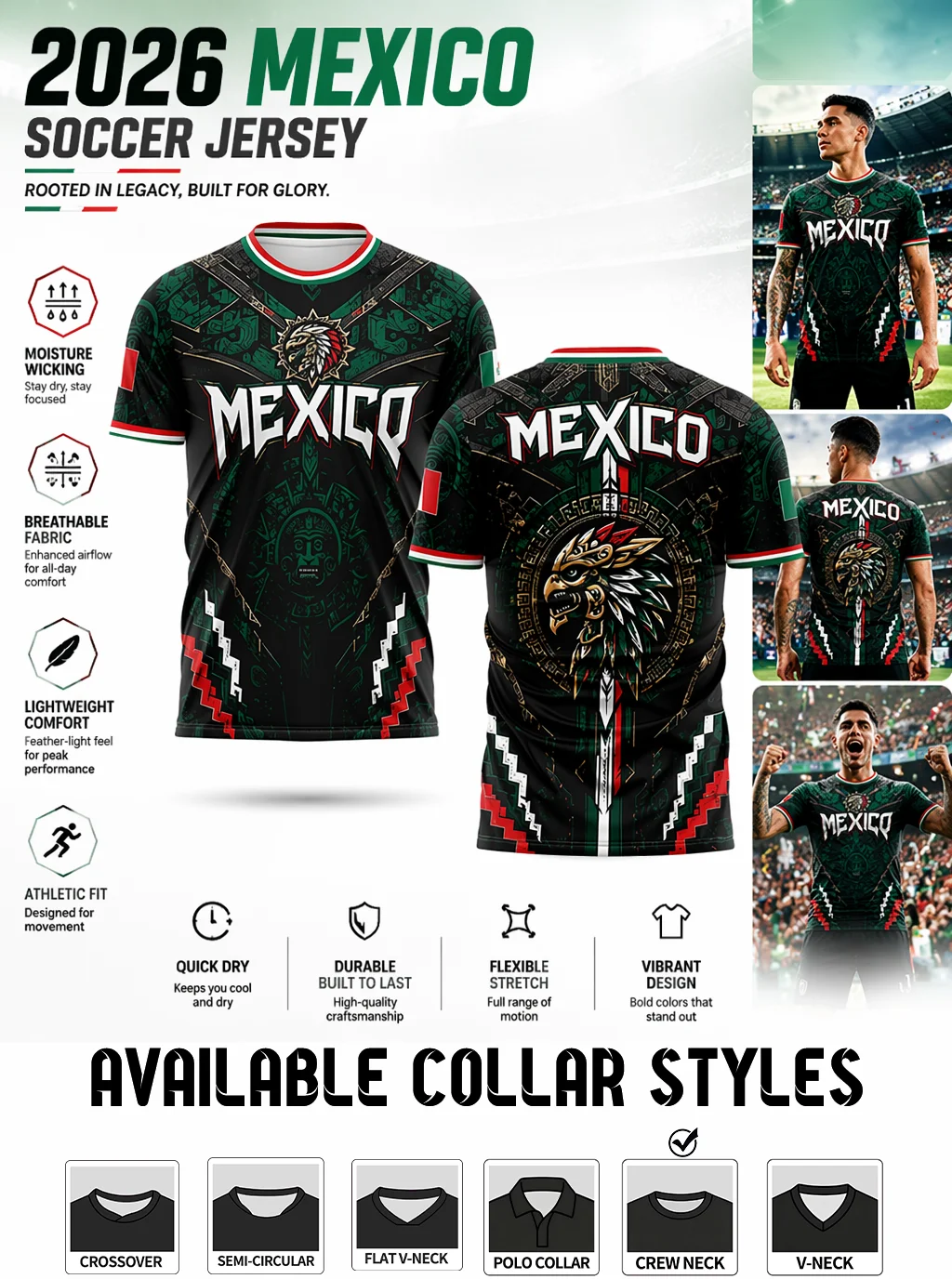 Mexico national football jersey,retro Mayan patterns,green‑red‑white trim,stretchy moisture‑wicking fabric,athletic fit