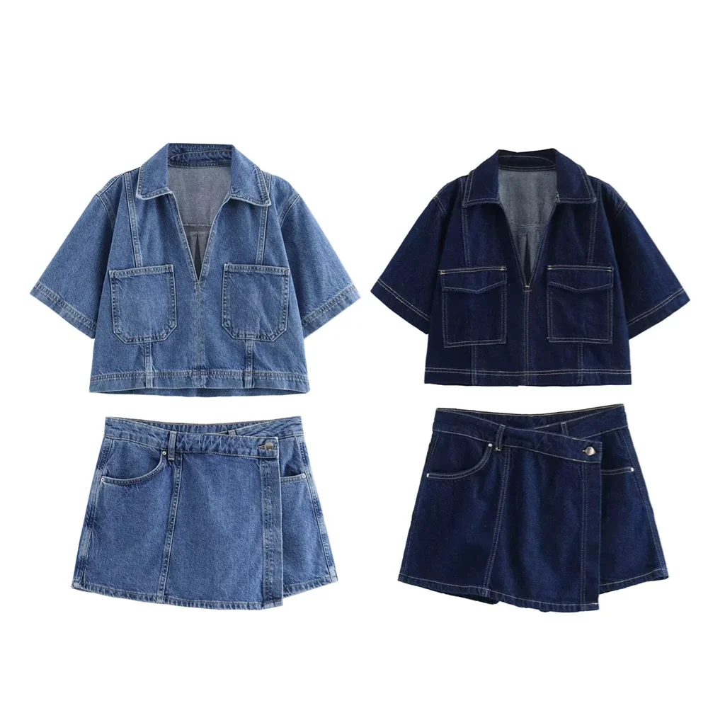 PB&ZA2024 autumn new women\'s clothing fashion temperament casual denim shirt short sleeved double breasted denim skirt pants set