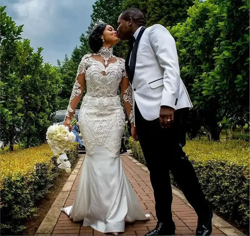 Aangepaste zeemeermin trouwjurken bruidsjurk lange mouwen hoge hals luxe kristallen kralen kant applique boho vestido de novia