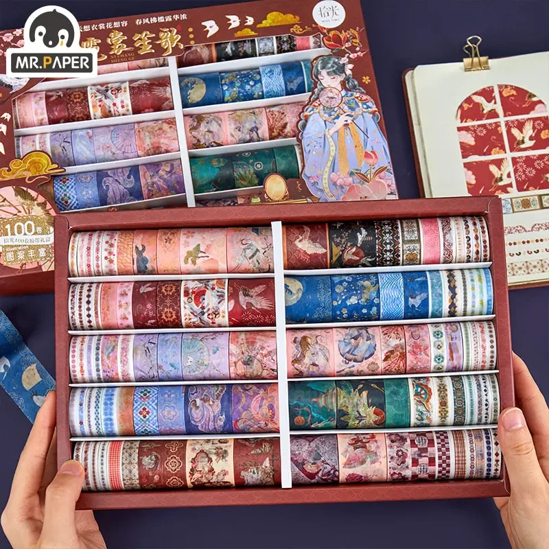 Mr. Paper 100Rolls/Box Chinese Antique Style Washi Paper Tape Set Gift Box Handbook Decoration Stickers Stationery Art Supplies