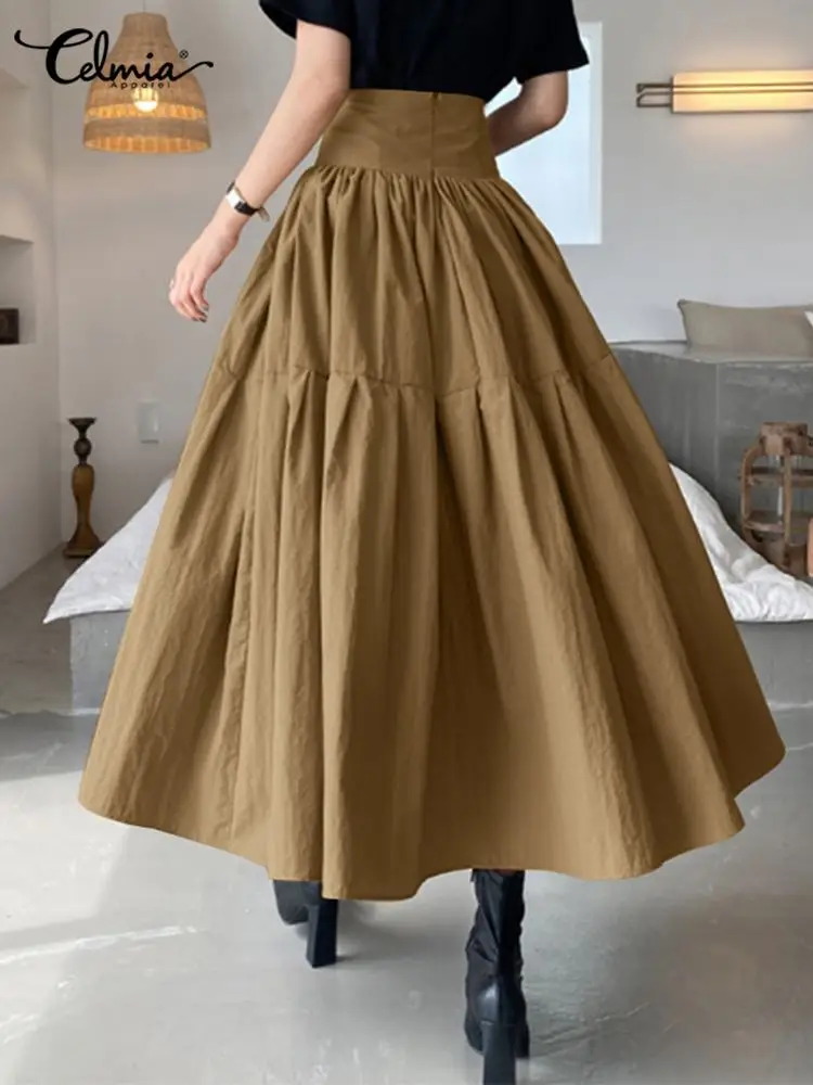 Celmia High Waist Swing Long Skirt Women Fashion Pleated Zipper Party Jupe Casual Loose A-line Skirt 2024 Vintage Beach Skirt