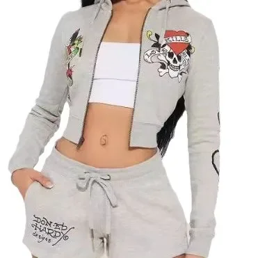 Y2K-Haut court à manches longues et fermeture éclair pour femme, streetwear tendance à la mode, motif imprimé, short Wstring de proximité, ensemble 2 pièces