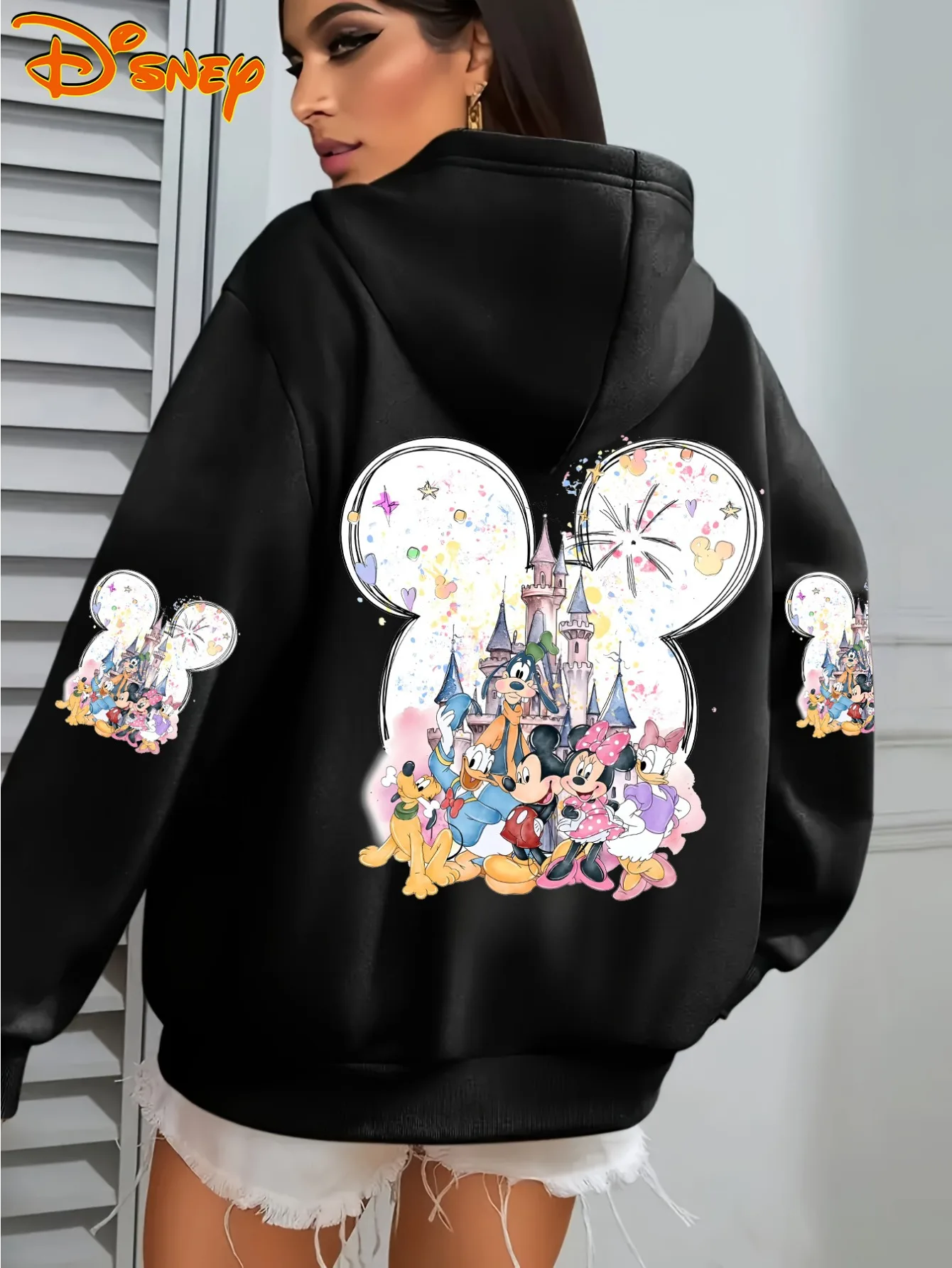 ديزني ميكي ماوس كاسل تصميم المرأة عارضة الكرتون نمط الرباط هوديي طويلة الأكمام أربعة مواسم مريحة ارتداء
