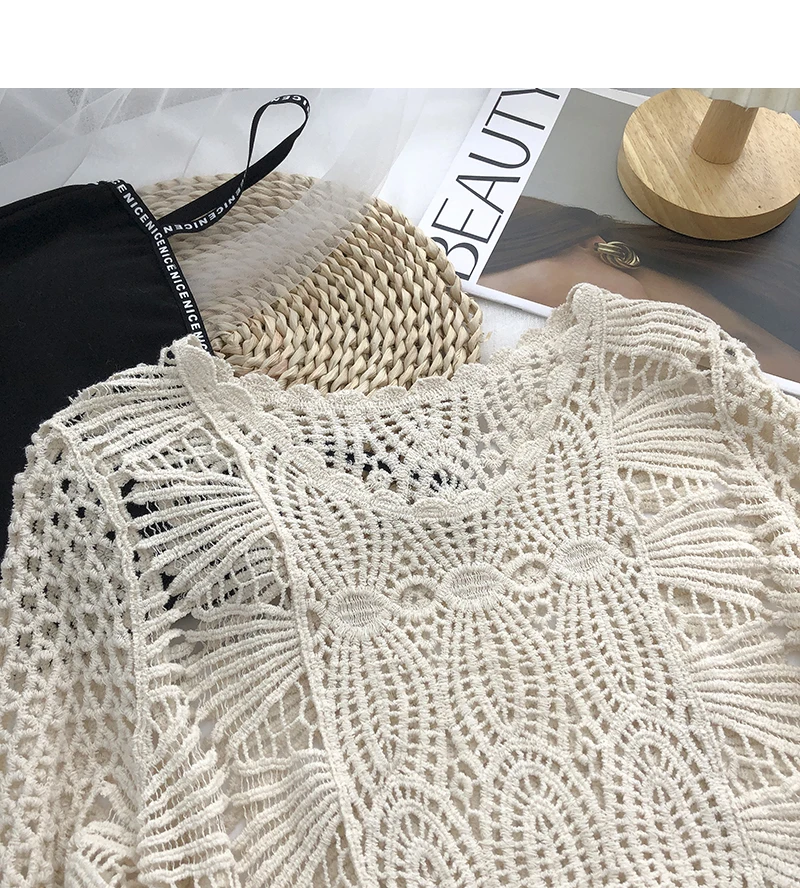 OUMEA Women Cotton Crochet Blouse Round Neck Cotton Lace Openwork Long Sleeve Beach Cover Up Chic Knitting Pullover Tops