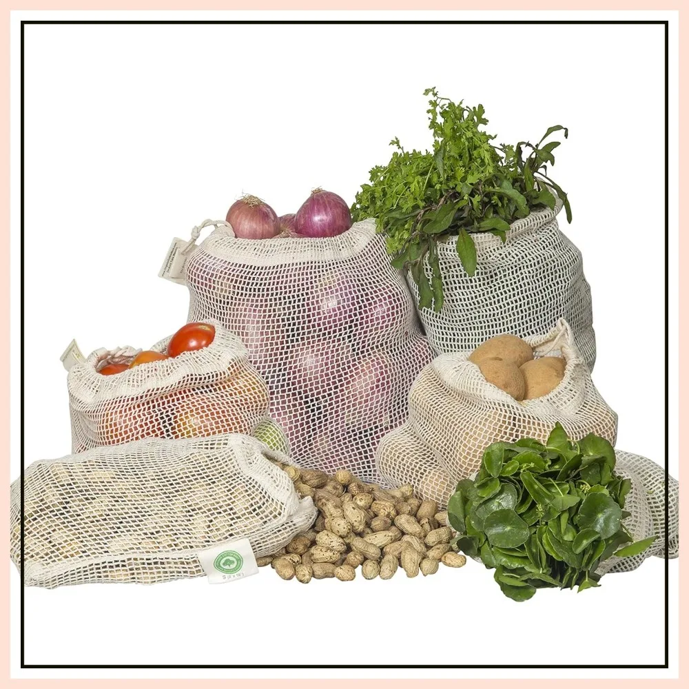 

Organic Cotton Mesh Produce Bags - Durable, Washable, Drawstring, Set of 6