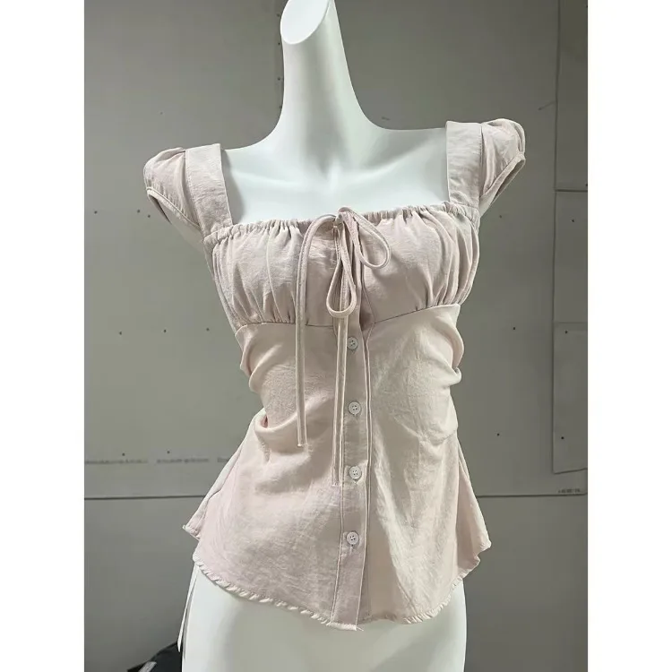 Blusas de mujer sin mangas con cuello cuadrado 2026, blusas de moda para mujer, tops tipo túnica elegantes, blusas de verano rosa con lazo y cintura ajustada