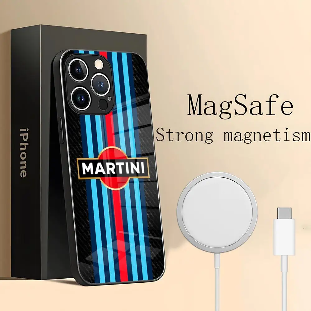 Racing Martini Phone Case for iPhone 15 Pro Max 14 Plus 12 Mini 11 13 14 Pro Max Magsafe Wireless Charge Glass Cover