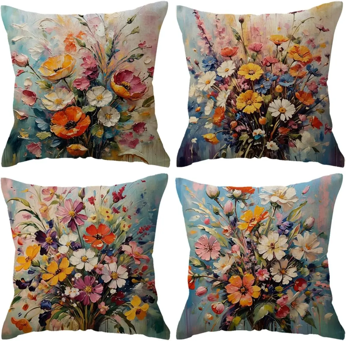 4PCS Watercolor Floral Cushion Covers Set Spring Bouquet Throw Pillow Case Home Decor Living Room Accent Decorative Artistic Art