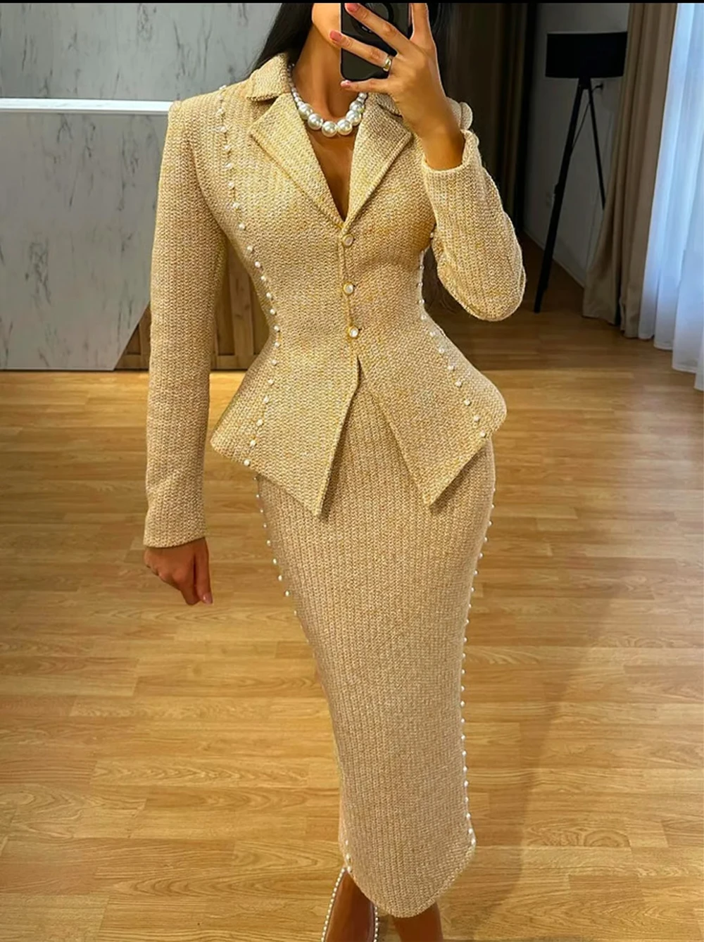 Cotton Women Blazer Sets Pearls Beading Mermaid Dress Evening Party Formal Guest Wear Customized 2 Pieces
