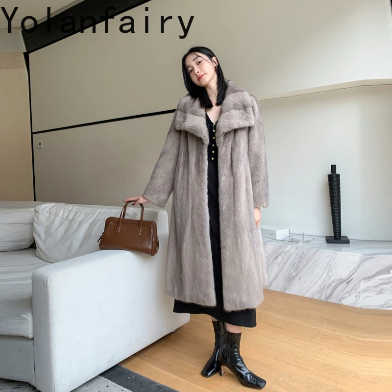 YOLANFAIRY Prawdziwy Futrzany Płaszcz Damski Luksusowy Zimowy Naturalny Futro z Norek Kurtka Damska Odzież Szalowy Kołnierz Długie Płaszcze Futrzane Odzież Wierzchnia